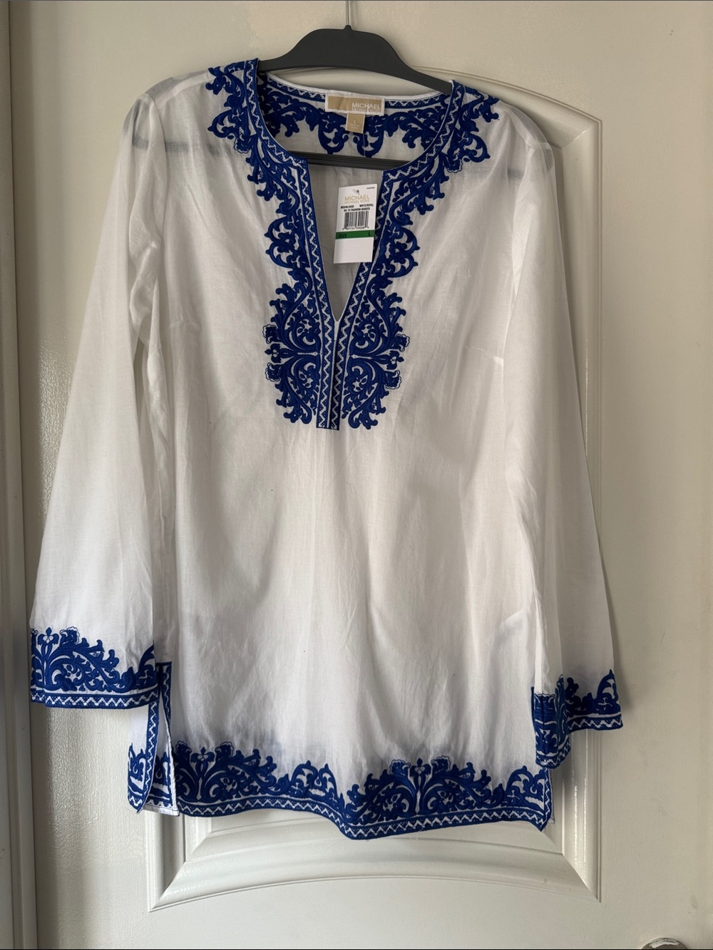 MICHAEL Michael Kors White Tunic with Blue Embroidery